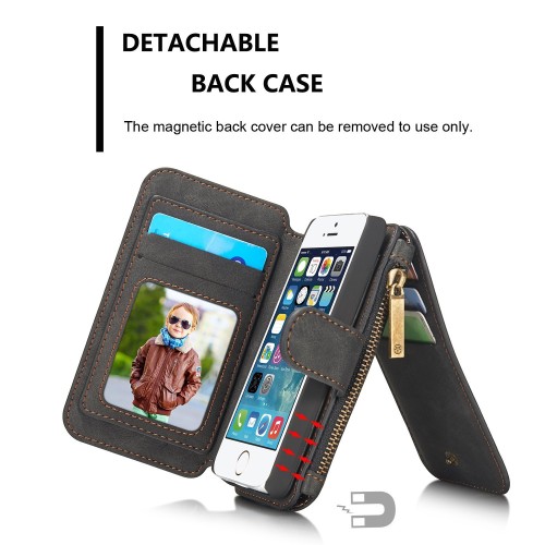 Detachable Multi-slot Retro Split Leather Wallet Zipper Case For iPhone 4/4s